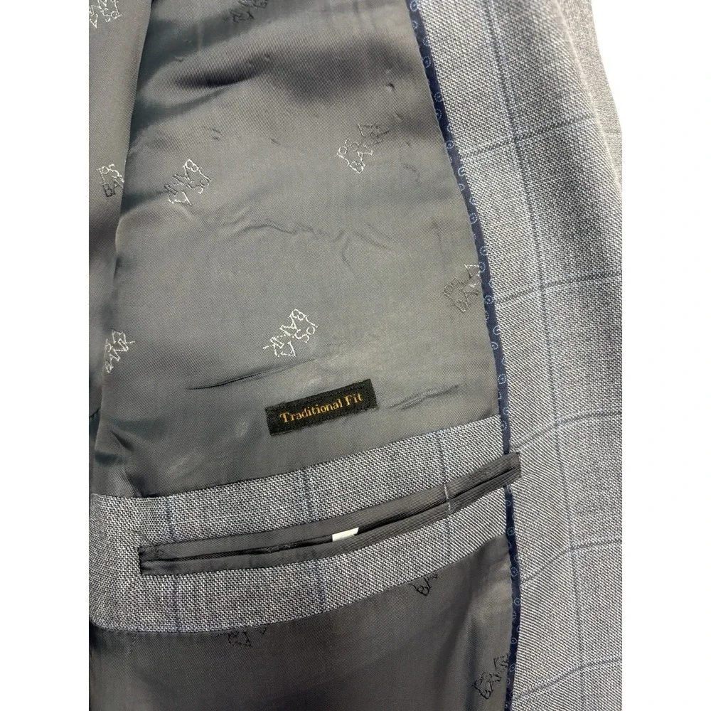 Jos A Bank 44L Gray Blue Windowpane‎ Silk Wool Blazer Jacket Sport Coat Reserve